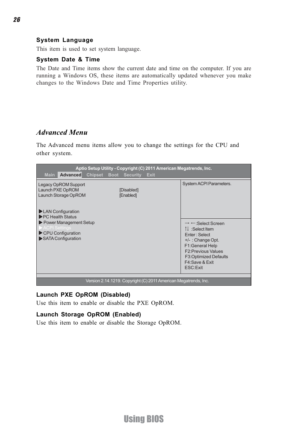Using bios, Advanced menu | Elitegroup H61H-G11 (V1.0) User Manual | Page 30 / 52