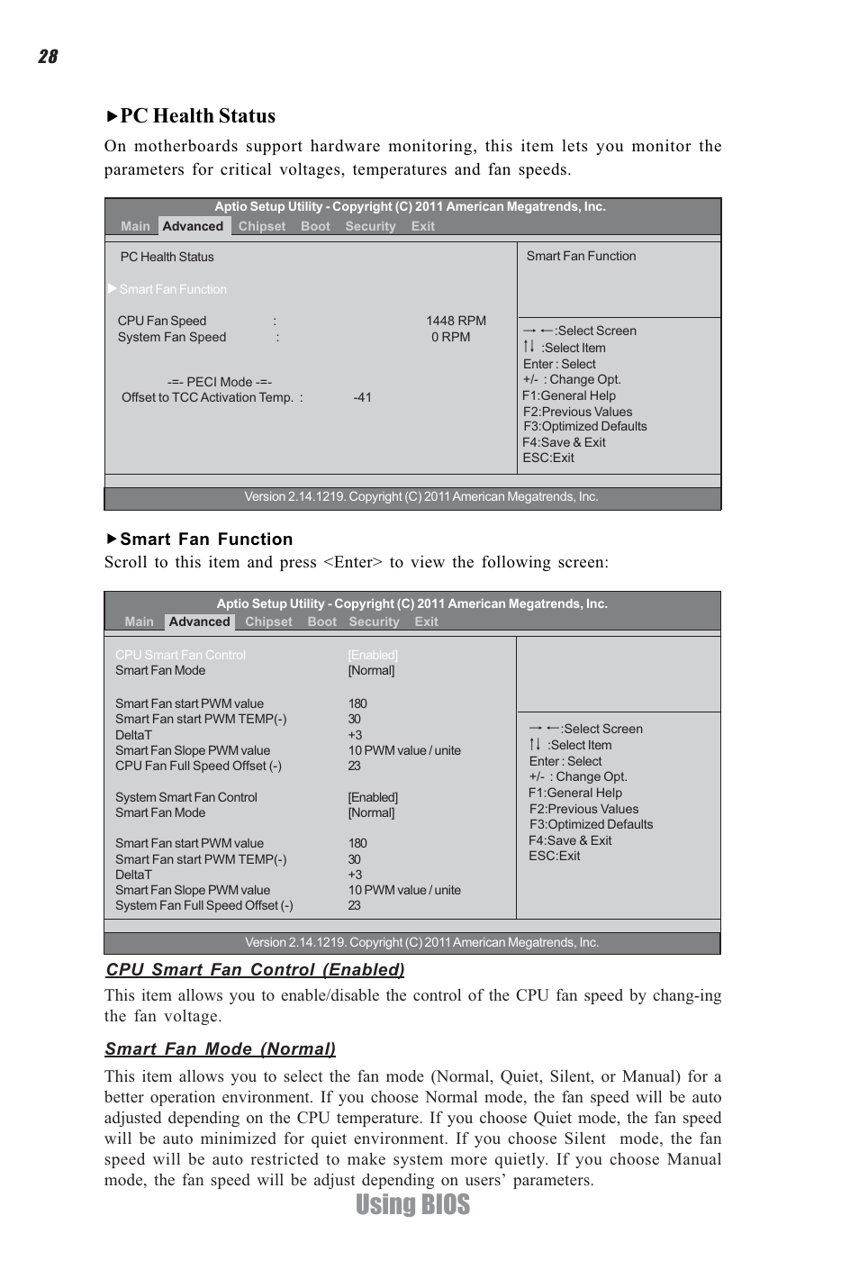 Using bios, Pc health status, Lk mn | Elitegroup H61H-G11 (V1.0) User Manual | Page 32 / 52