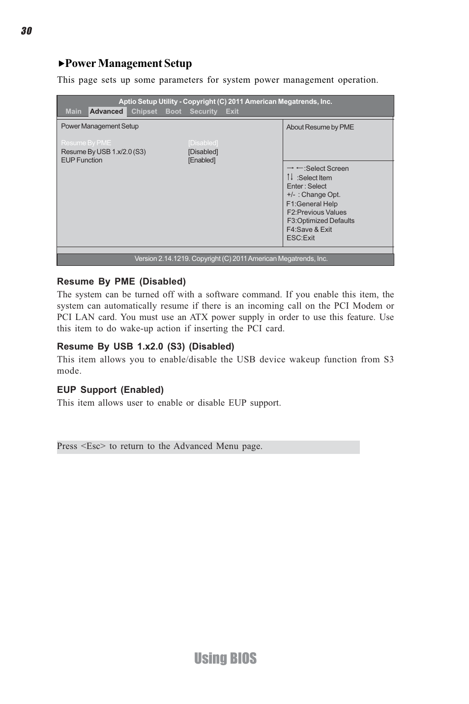 Using bios, Power management setup | Elitegroup H61H-G11 (V1.0) User Manual | Page 34 / 52