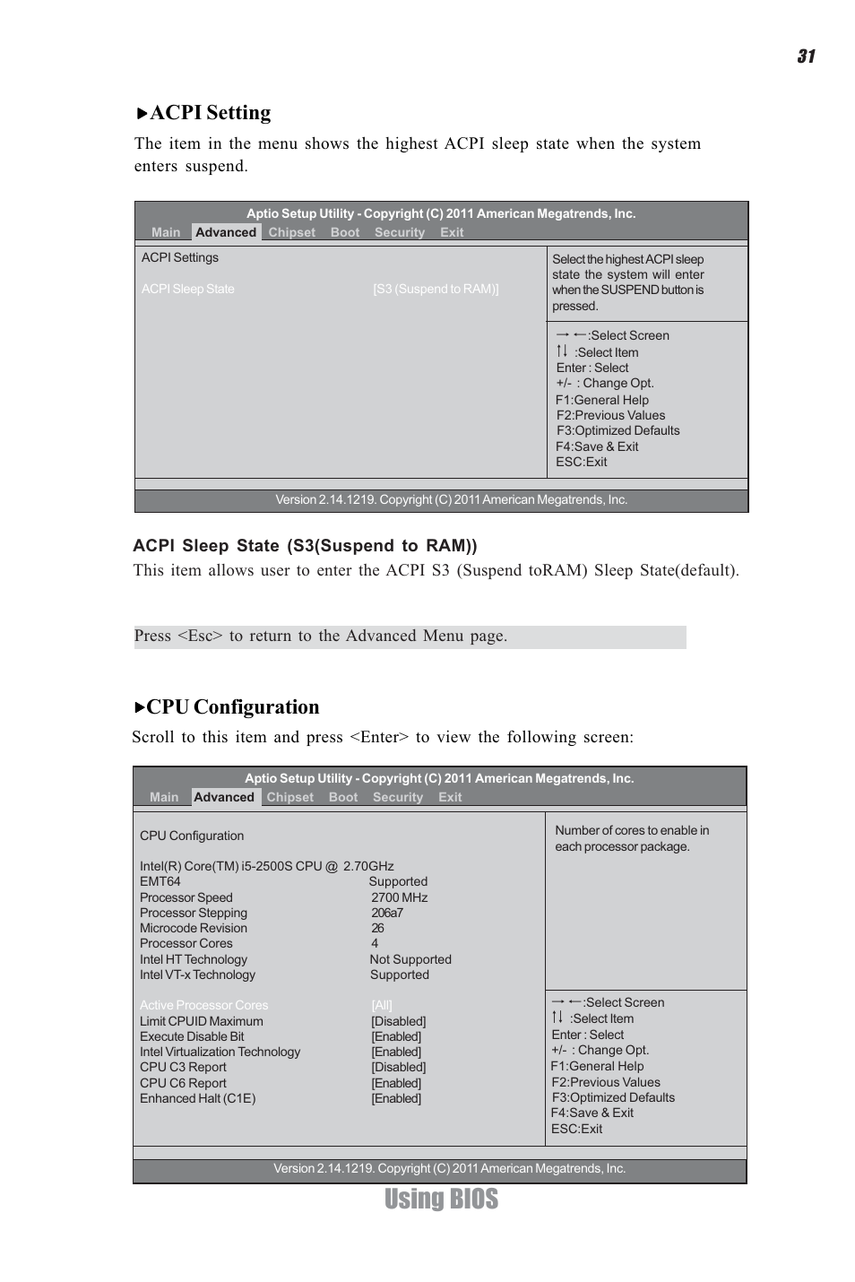 Using bios, Acpi setting, Cpu configuration | Elitegroup H61H-G11 (V1.0) User Manual | Page 35 / 52