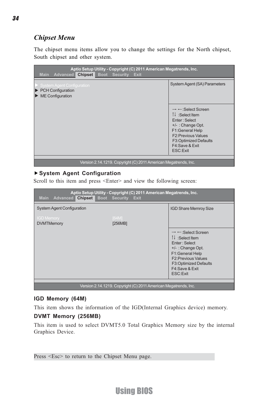Using bios, Chipset menu | Elitegroup H61H-G11 (V1.0) User Manual | Page 38 / 52