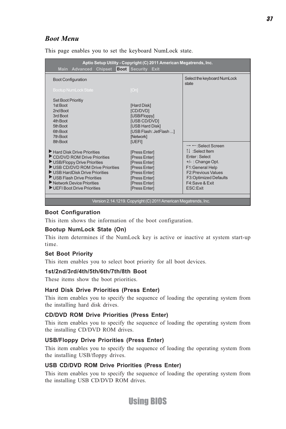 Using bios, Boot menu | Elitegroup H61H-G11 (V1.0) User Manual | Page 41 / 52