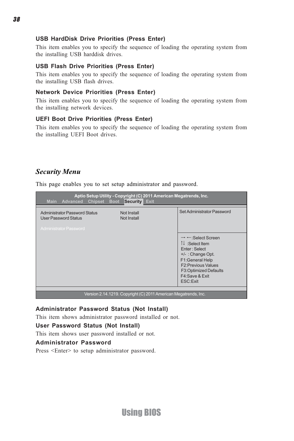 Using bios, Security menu | Elitegroup H61H-G11 (V1.0) User Manual | Page 42 / 52