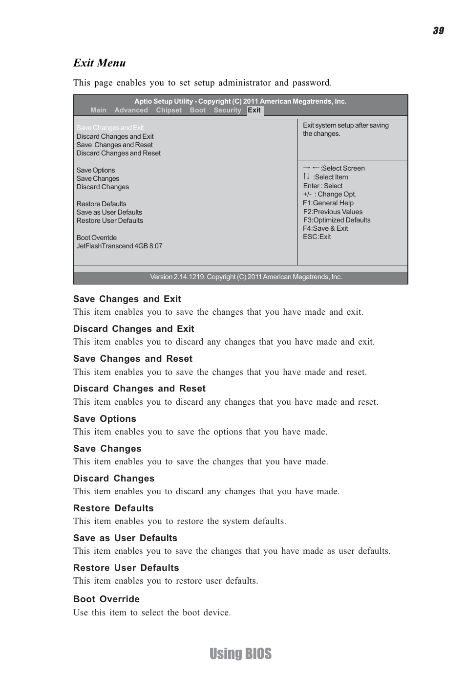 Using bios, Exit menu | Elitegroup H61H-G11 (V1.0) User Manual | Page 43 / 52