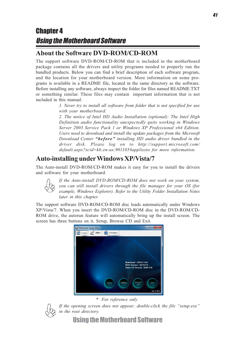 Using the motherboard software, Using the motherboard software chapter 4, Auto-installing under windows xp/vista/7 | About the software dvd-rom/cd-rom | Elitegroup H61H-G11 (V1.0) User Manual | Page 45 / 52