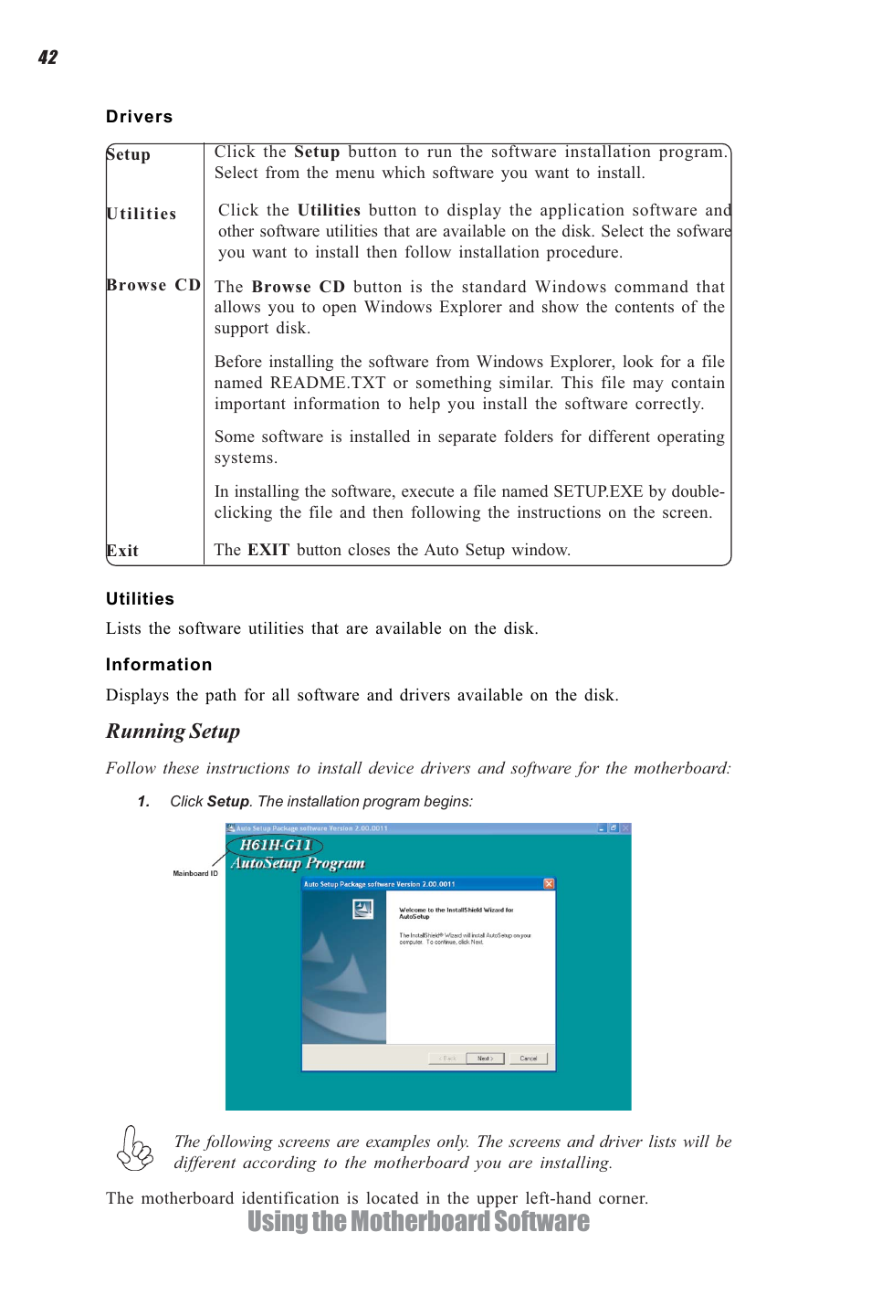 Using the motherboard software, Running setup | Elitegroup H61H-G11 (V1.0) User Manual | Page 46 / 52