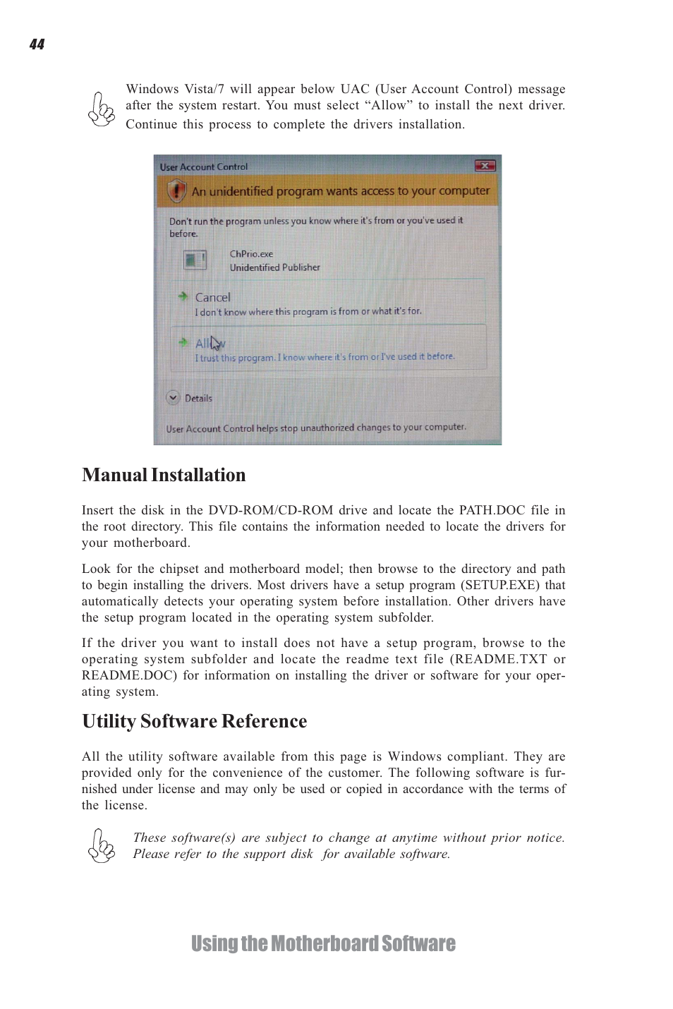 Using the motherboard software manual installation, Utility software reference | Elitegroup H61H-G11 (V1.0) User Manual | Page 48 / 52