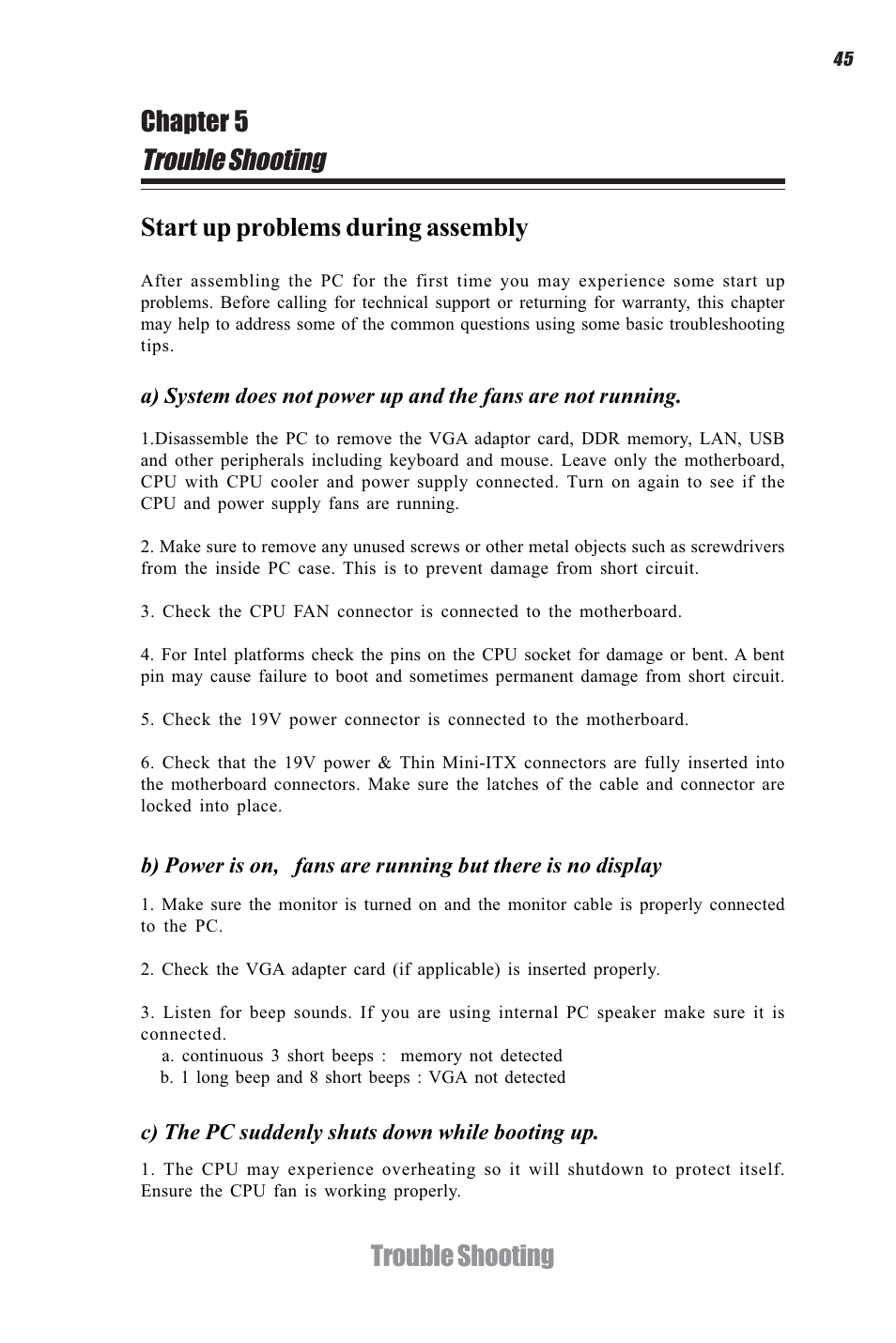 Trouble shooting, Trouble shooting chapter 5, Start up problems during assembly | Elitegroup H61H-G11 (V1.0) User Manual | Page 49 / 52