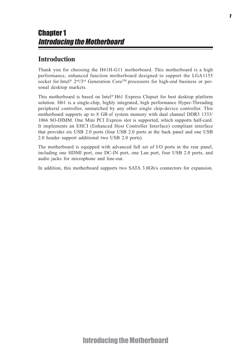 Introducing the motherboard, Introducing the motherboard chapter 1, Introduction | Elitegroup H61H-G11 (V1.0) User Manual | Page 5 / 52