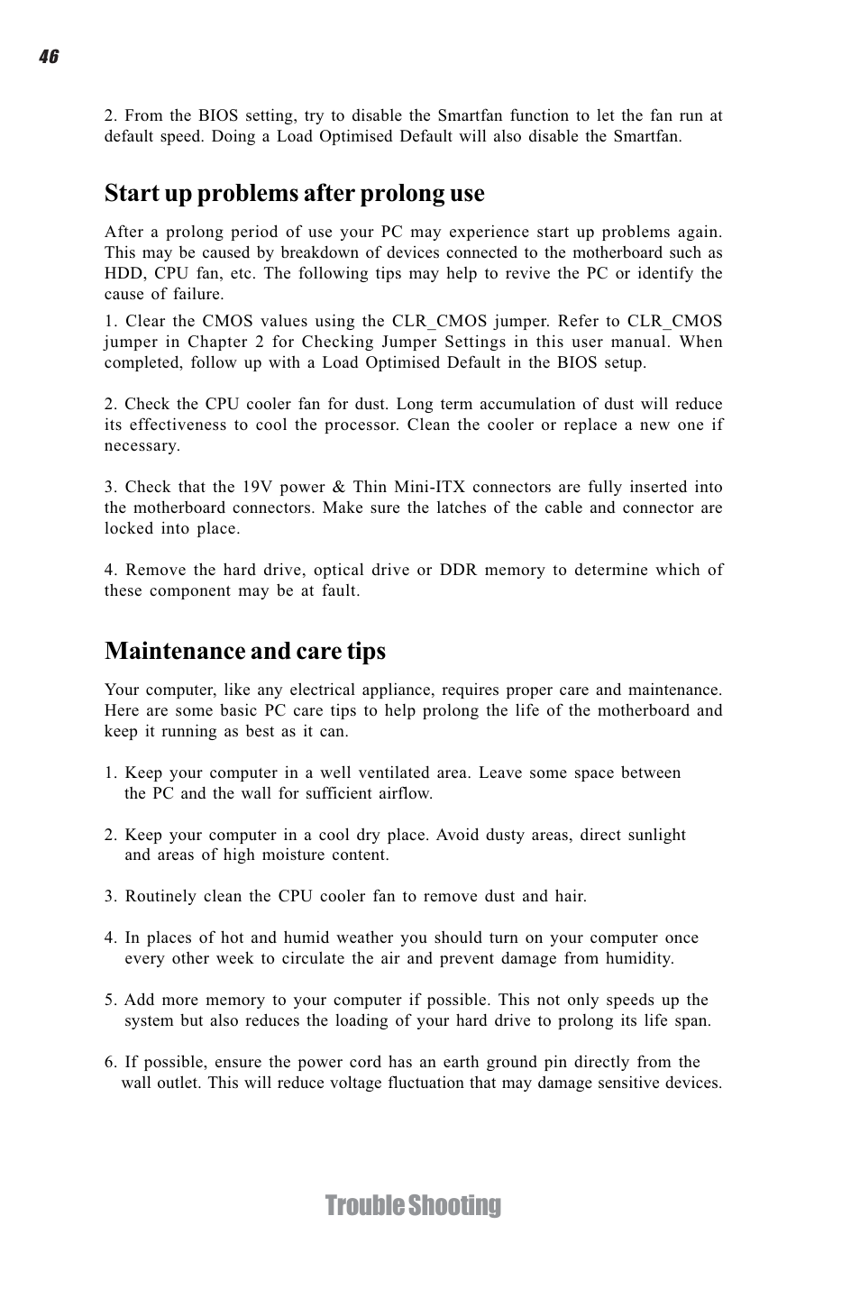 Trouble shooting, Start up problems after prolong use, Maintenance and care tips | Elitegroup H61H-G11 (V1.0) User Manual | Page 50 / 52
