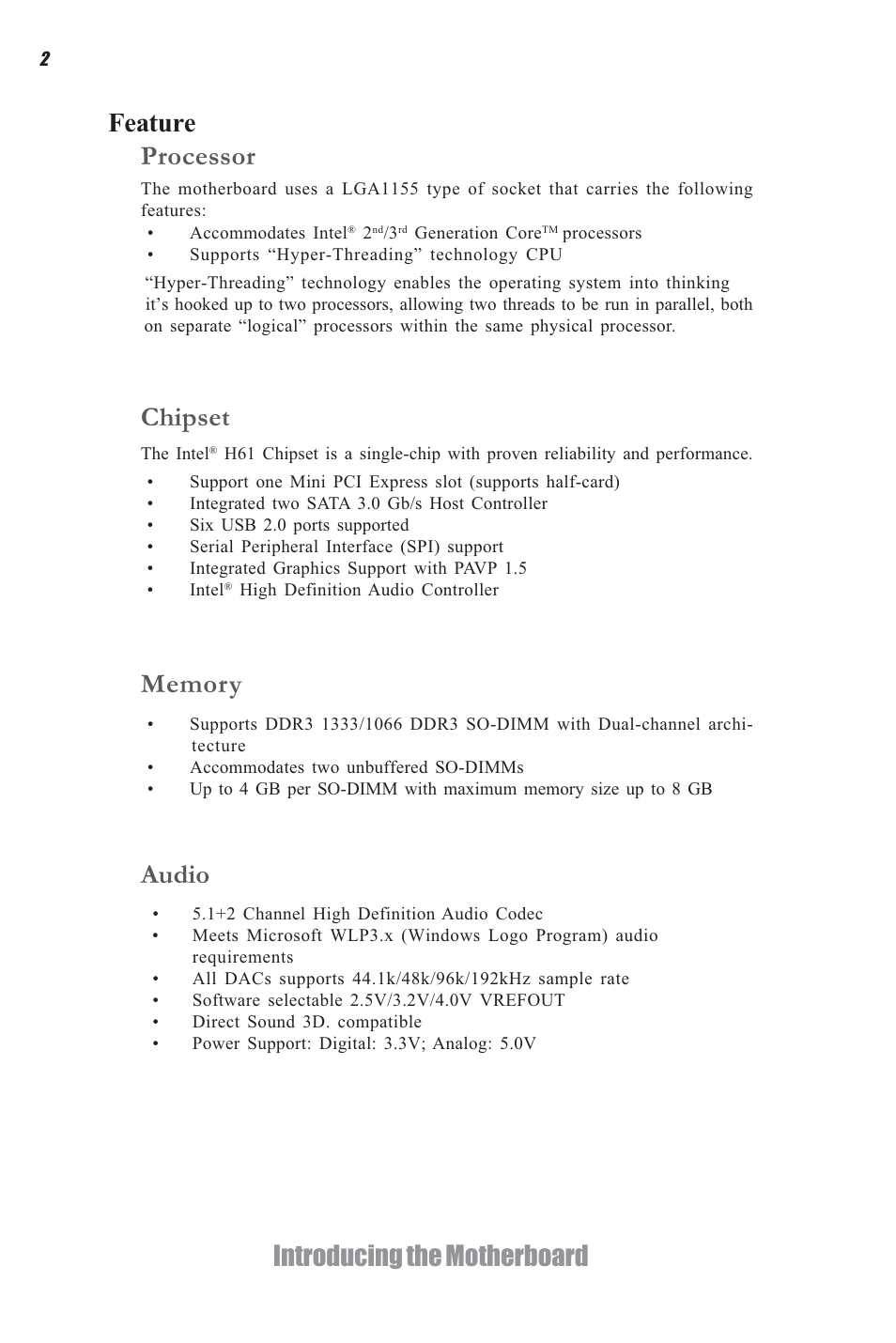 Introducing the motherboard feature, Processor chipset | Elitegroup H61H-G11 (V1.0) User Manual | Page 6 / 52