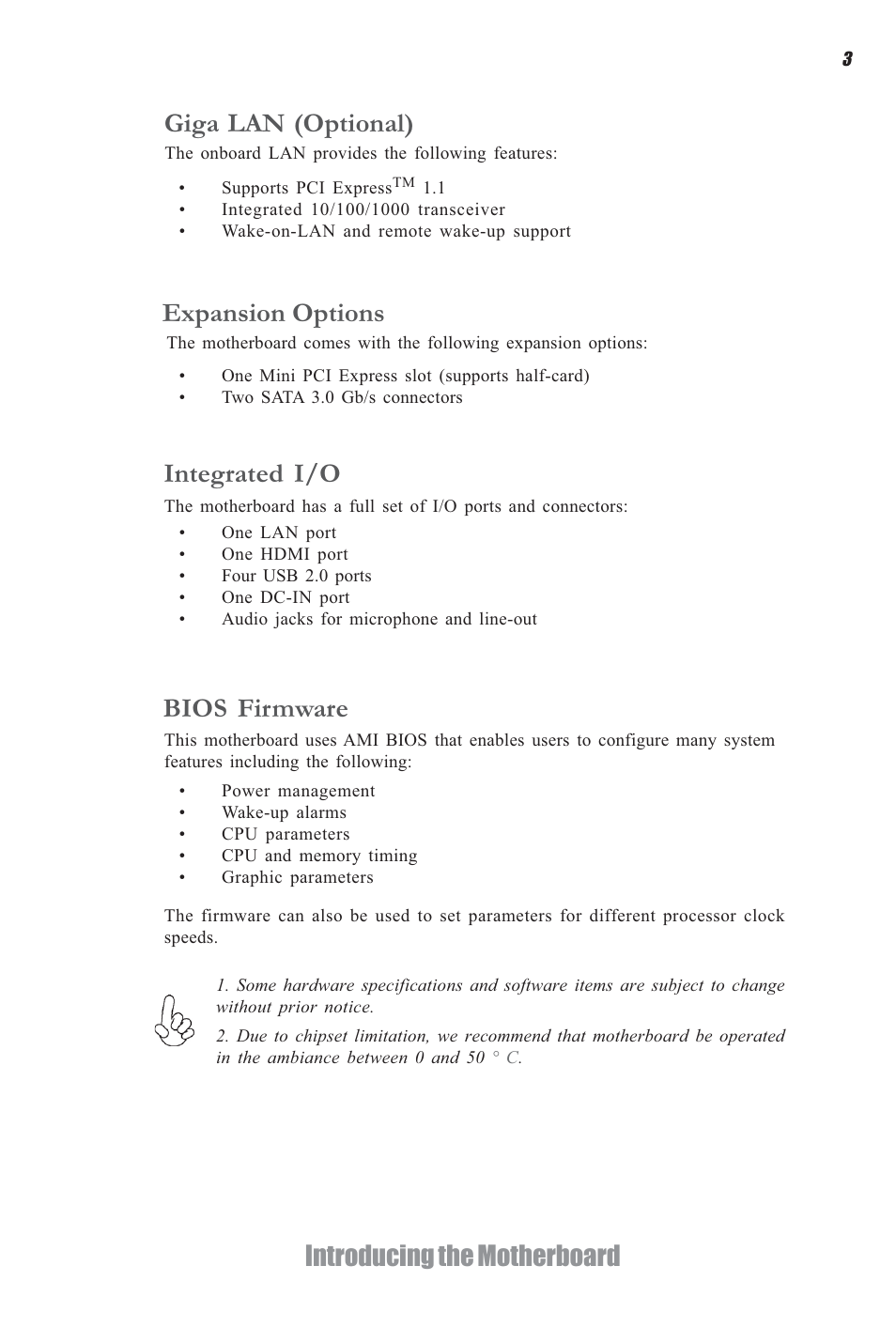 Introducing the motherboard, Expansion options, Integrated i/o | Bios firmware, Giga lan (optional) | Elitegroup H61H-G11 (V1.0) User Manual | Page 7 / 52