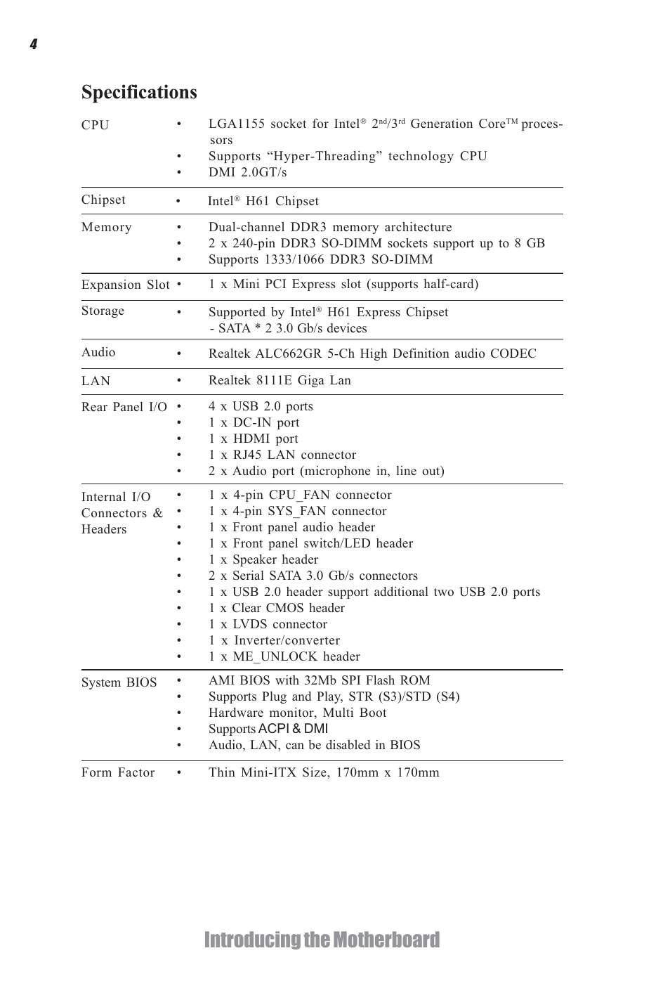 Introducing the motherboard, Specifications | Elitegroup H61H-G11 (V1.0) User Manual | Page 8 / 52