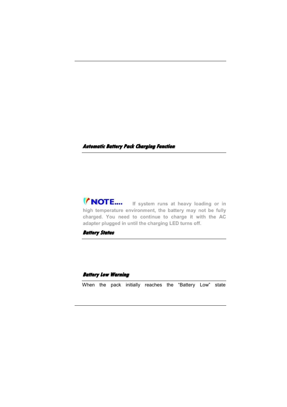 Automatic battery pack charging function, Battery status, Battery low warning | Elitegroup MB40II ID 6 User Manual | Page 34 / 57