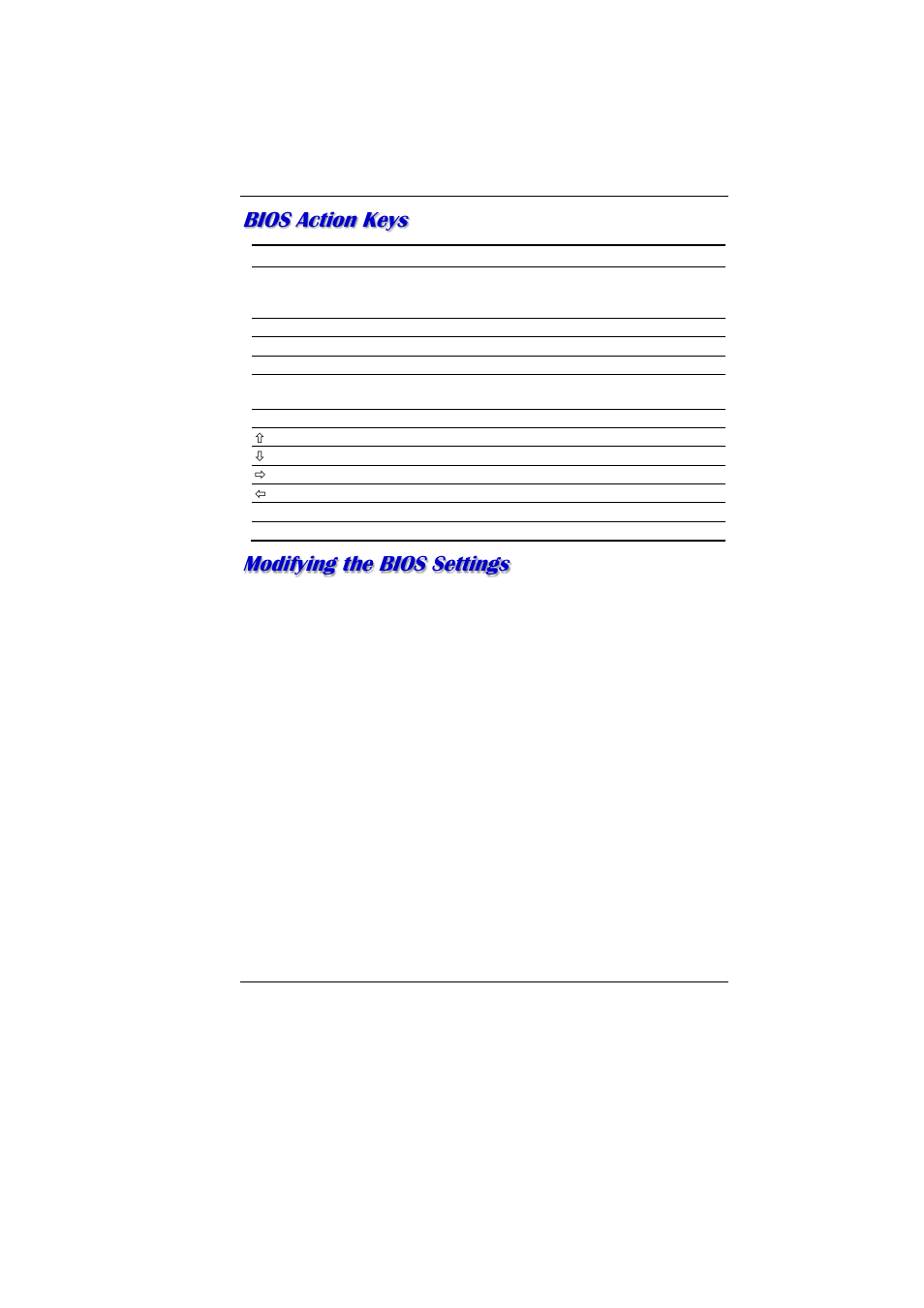 Bios, Ction, Odifying the | Ettings, Bios action keys, Modifying the bios settings | Elitegroup MB40II ID 6 User Manual | Page 46 / 57