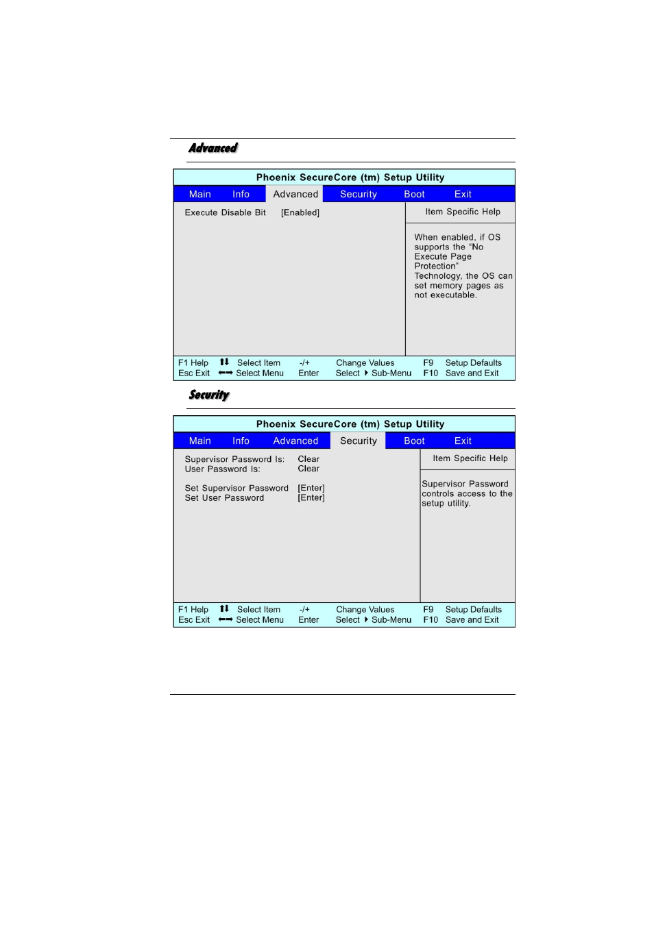 Advanced, Security | Elitegroup MB40II ID 6 User Manual | Page 49 / 57