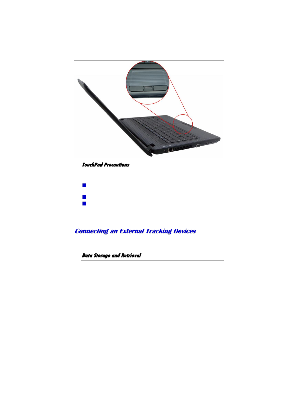 Touchpad precautions, Onnecting an, Xternal | Racking, Evices, Data storage and retrieval | Elitegroup MB40II ID 5 User Manual | Page 33 / 56