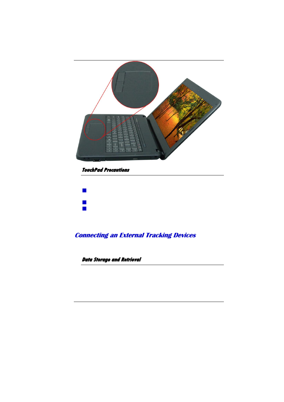 Touchpad precautions, Data storage and retrieval | Elitegroup MB40II ID 4 User Manual | Page 30 / 53