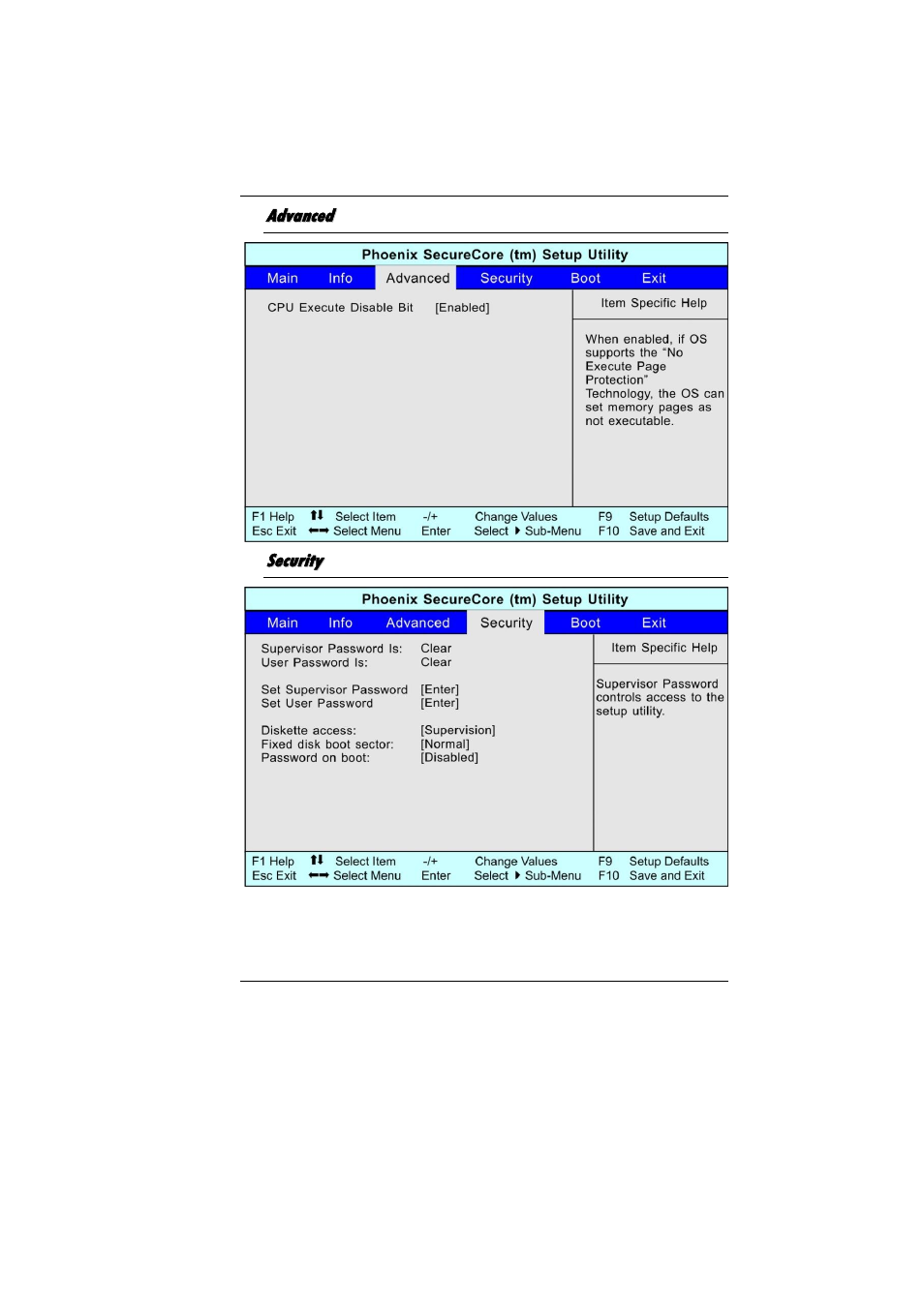 Advanced, Security | Elitegroup MB40II / IA ID 3 User Manual | Page 47 / 73