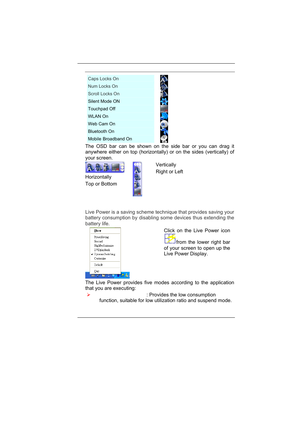 Live power (optional), Osd-bar icon | Elitegroup U10IL User Manual | Page 33 / 84