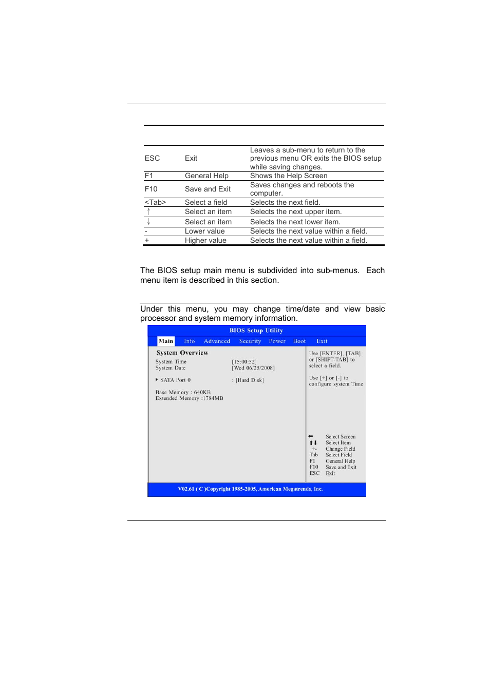 Bios action keys, Modifying the bios settings, Main setup | Elitegroup U10IL User Manual | Page 54 / 84