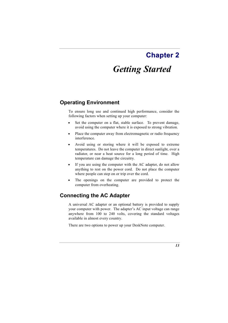 Getting started, Chapter 2: getting started, Operating environment | Connecting the ac adapter | Elitegroup A900 (V2.1) User Manual | Page 27 / 85