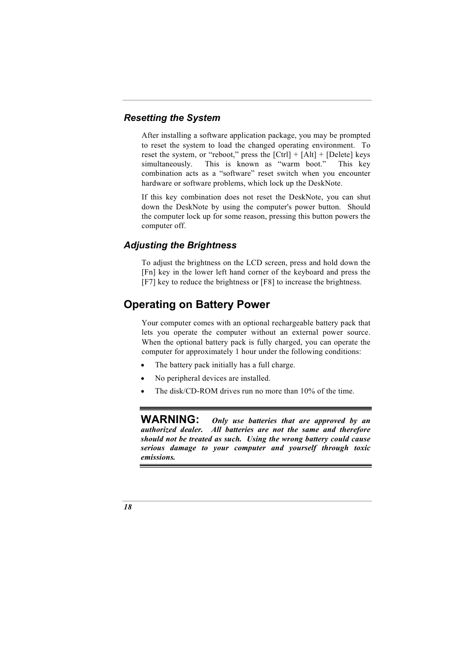 Resetting the system, Adjusting the brightness, Operating on battery power | Warning | Elitegroup A900 (V2.1) User Manual | Page 32 / 85