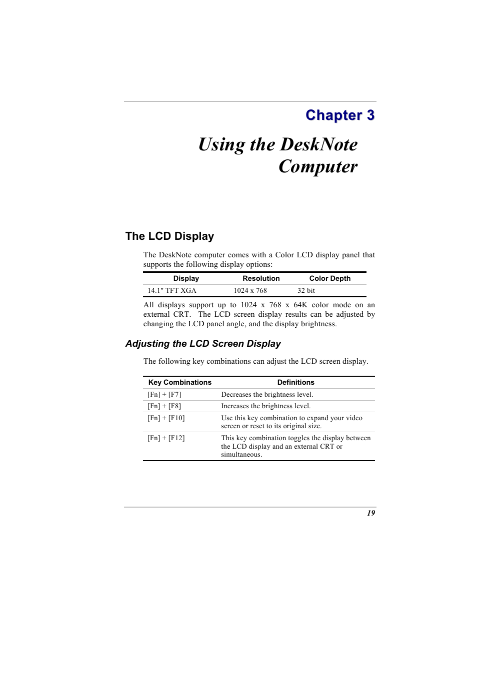Using the desknote computer, Chapter 3: using the desknote computer, The lcd display | Adjusting the lcd screen display | Elitegroup A900 (V2.1) User Manual | Page 33 / 85