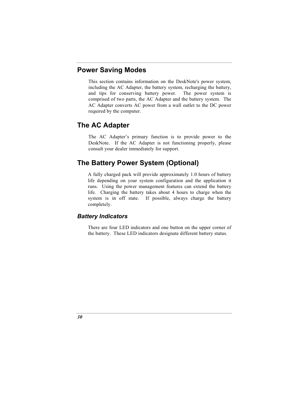 Power saving modes, The ac adapter, The battery power system (optional) | Battery indicators | Elitegroup A900 (V2.1) User Manual | Page 44 / 85