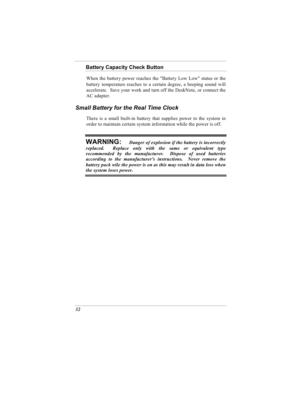 Small battery for the real time clock, Warning | Elitegroup A900 (V2.1) User Manual | Page 46 / 85
