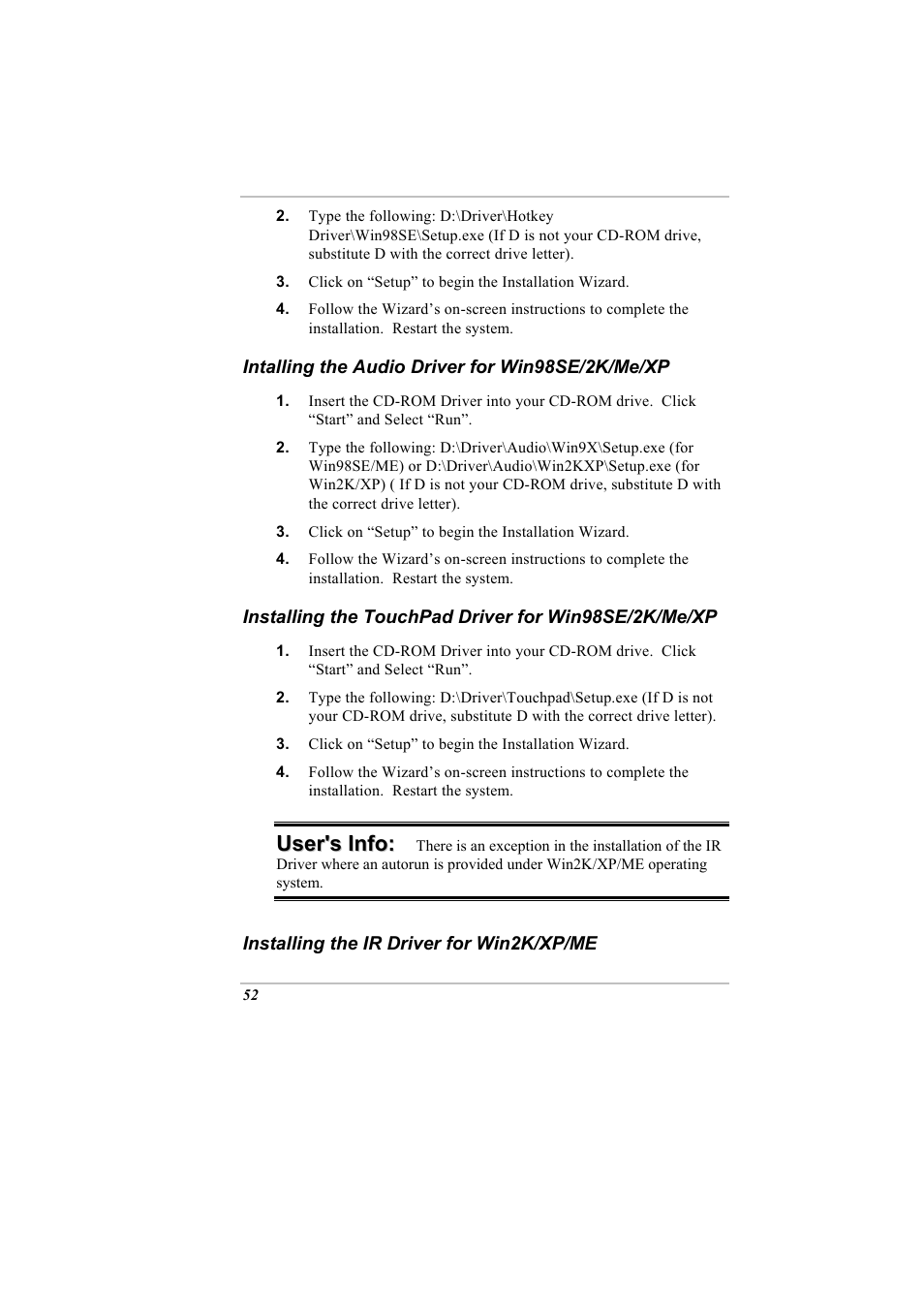 Intalling the audio driver for win98se/2k/me/xp, Installing the ir driver for win2k/xp/me | Elitegroup A900 (V2.1) User Manual | Page 66 / 85