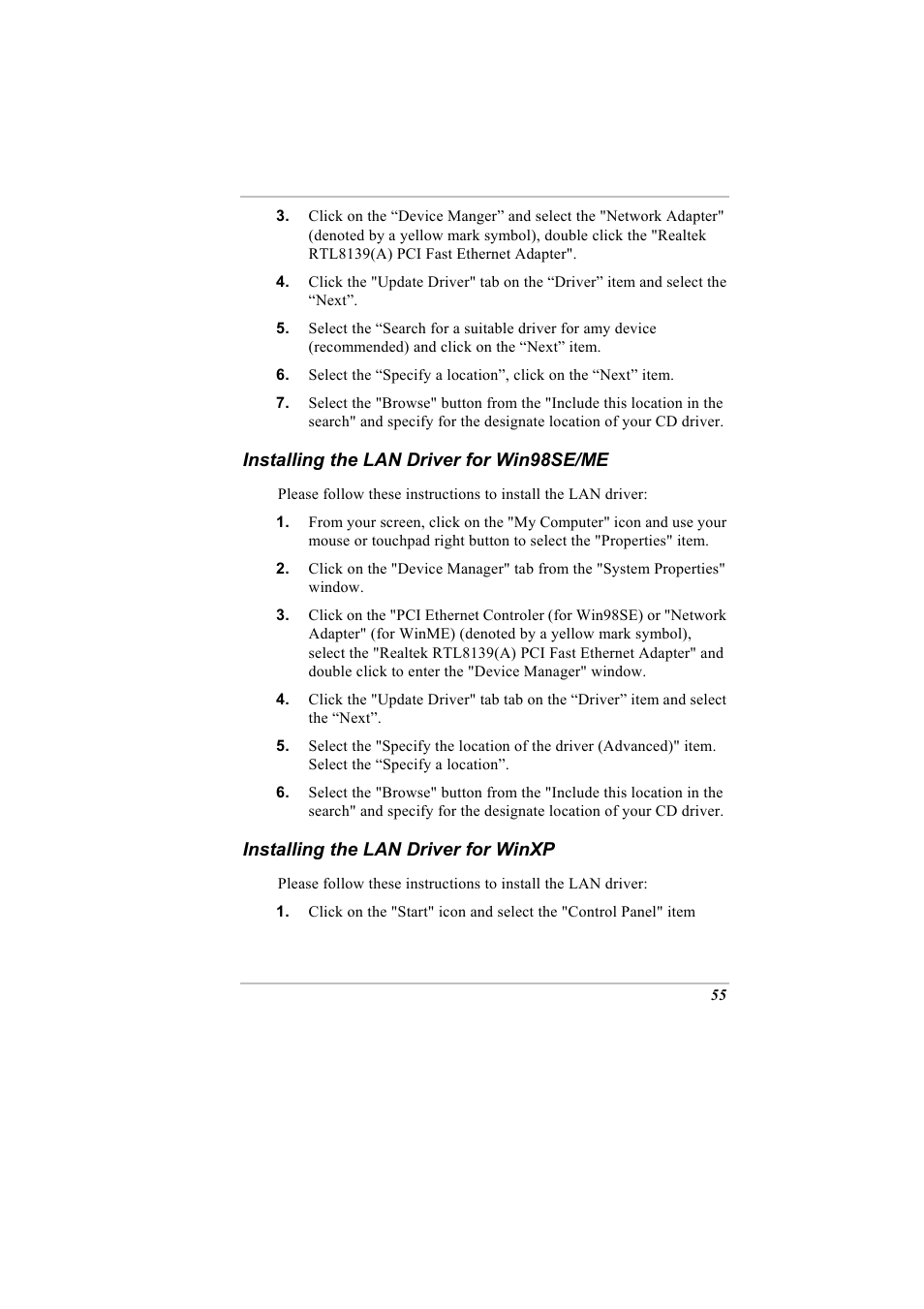 Installing the lan driver for win98se/me, Installing the lan driver for winxp | Elitegroup A900 (V2.1) User Manual | Page 69 / 85