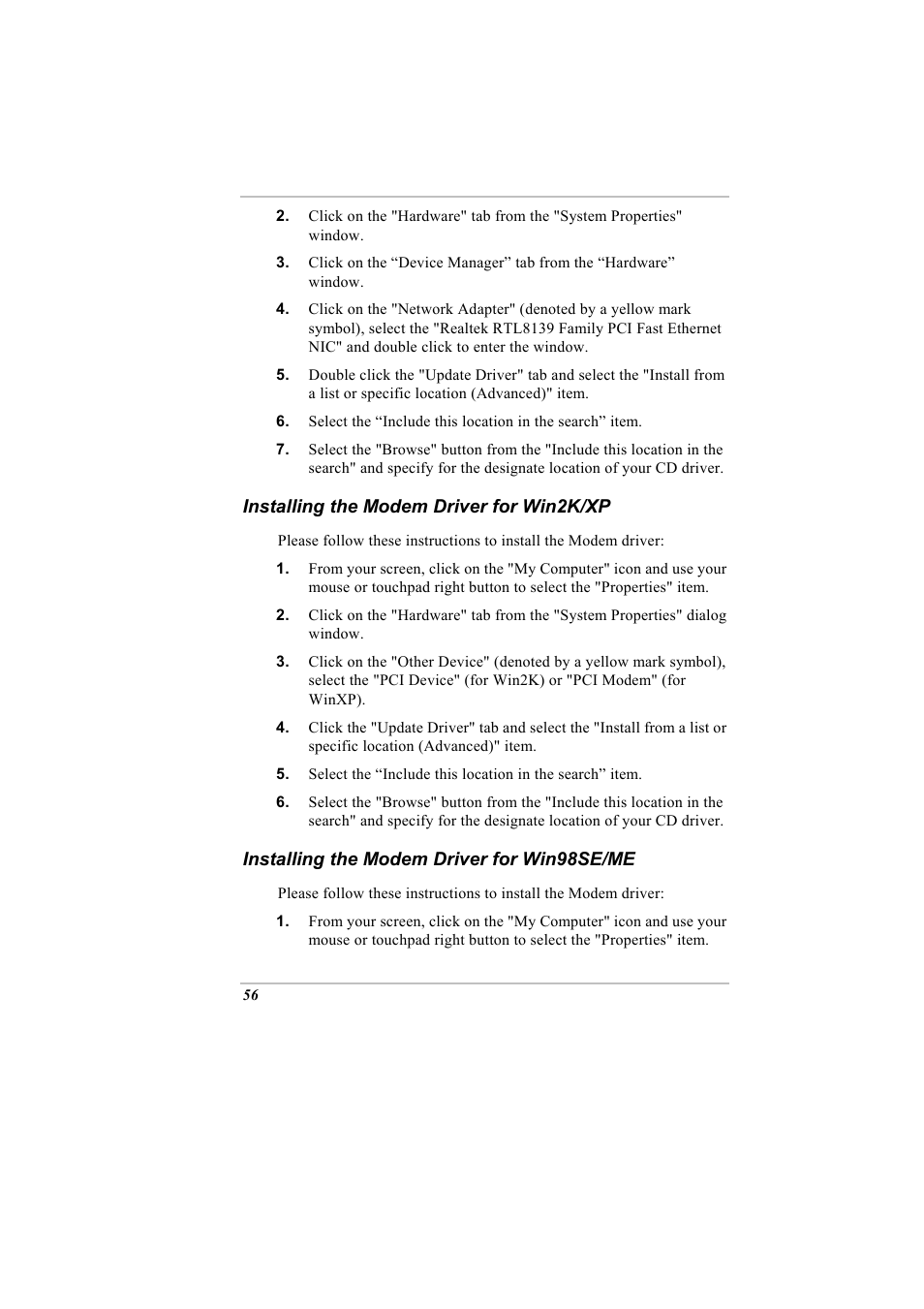 Installing the modem driver for win2k/xp, Installing the modem driver for win98se/me | Elitegroup A900 (V2.1) User Manual | Page 70 / 85