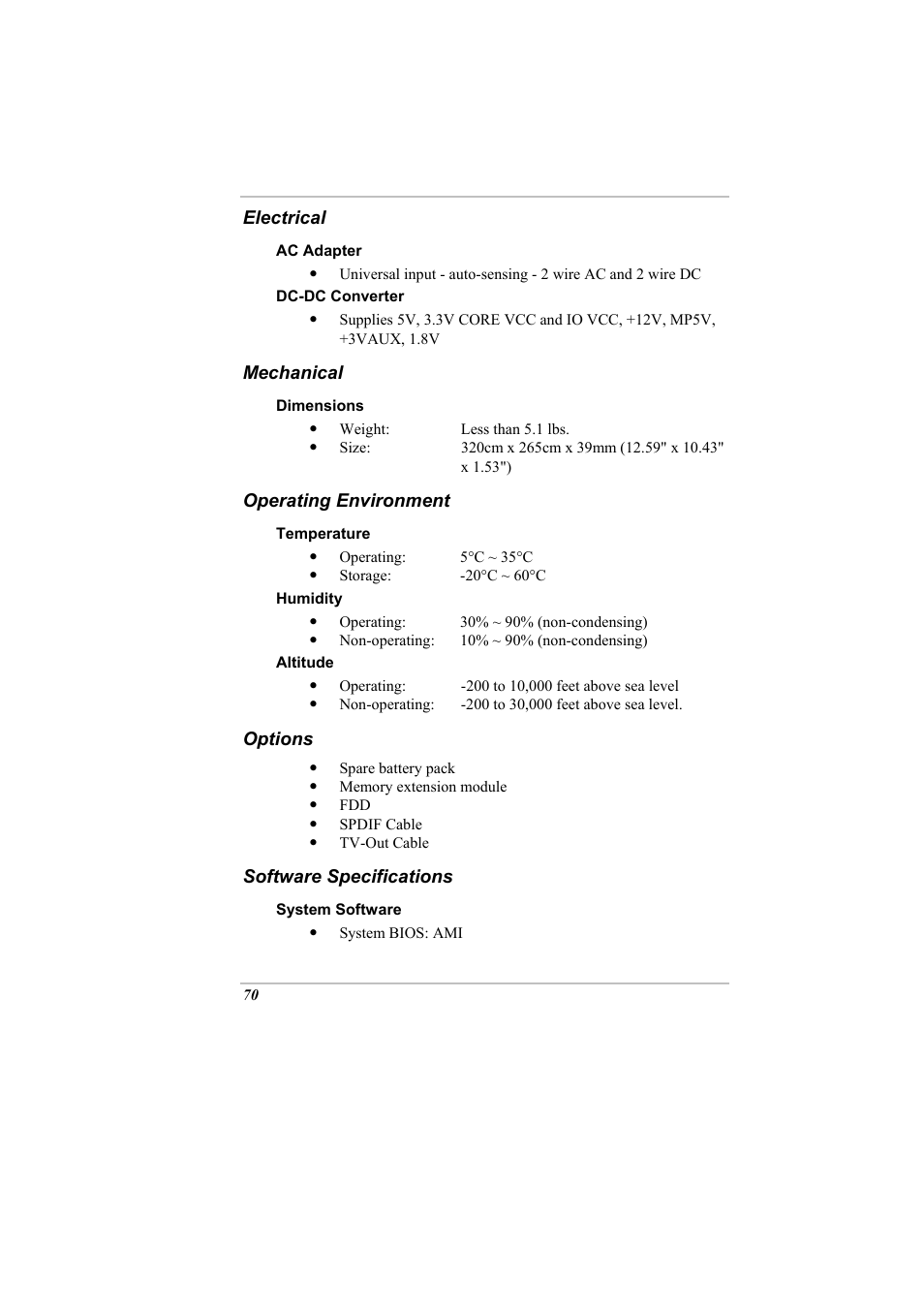 Electrical, Mechanical, Operating environment | Options, Software specifications | Elitegroup A900 (V2.1) User Manual | Page 84 / 85