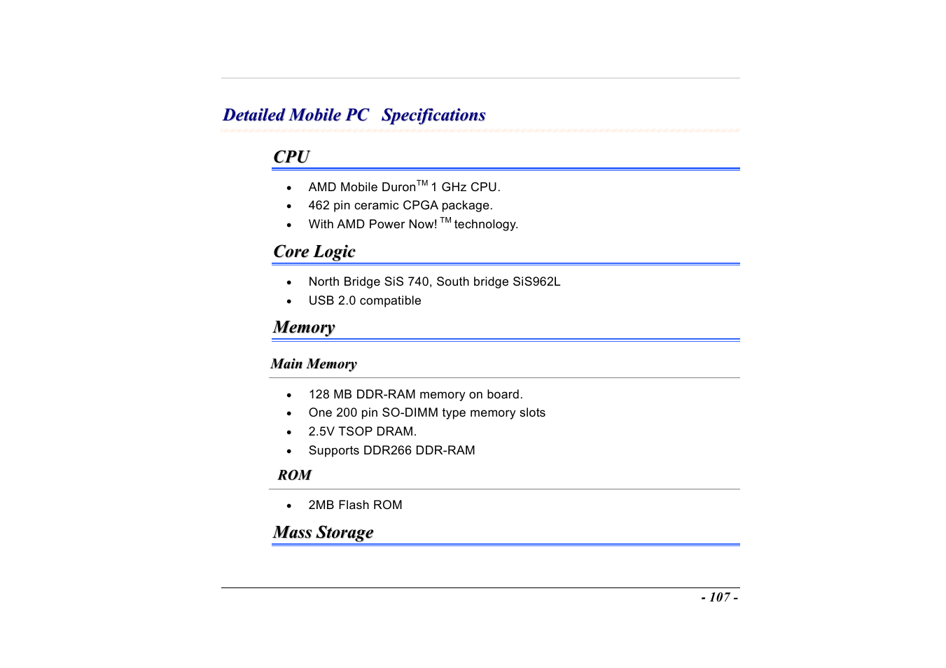 Detailed mobile pc specifications, Core logic, Memory | Main memory, Mass storage | Elitegroup A535 User Manual | Page 109 / 117