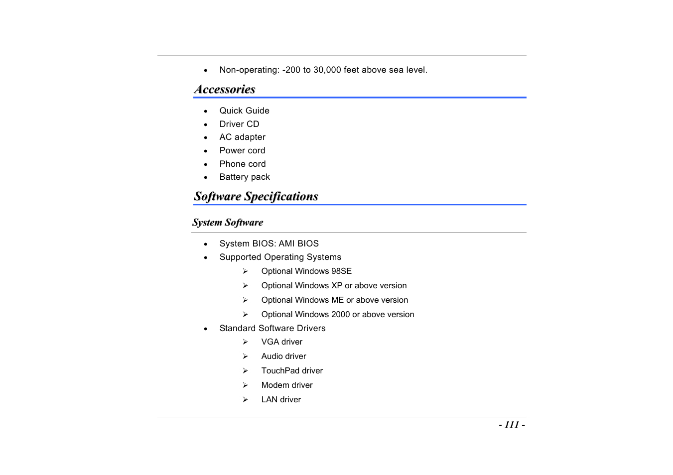 Accessories, Software specifications, System software | Elitegroup A535 User Manual | Page 113 / 117