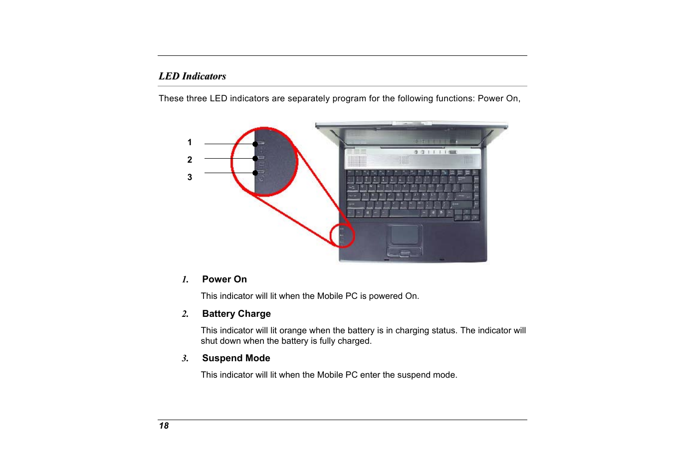 Led indicators, Power on, Battery charge | Suspend mode | Elitegroup A535 User Manual | Page 20 / 117