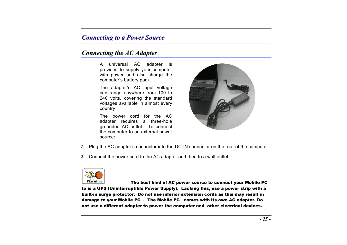 Connecting to a power source, Connecting the ac adapter | Elitegroup A535 User Manual | Page 27 / 117