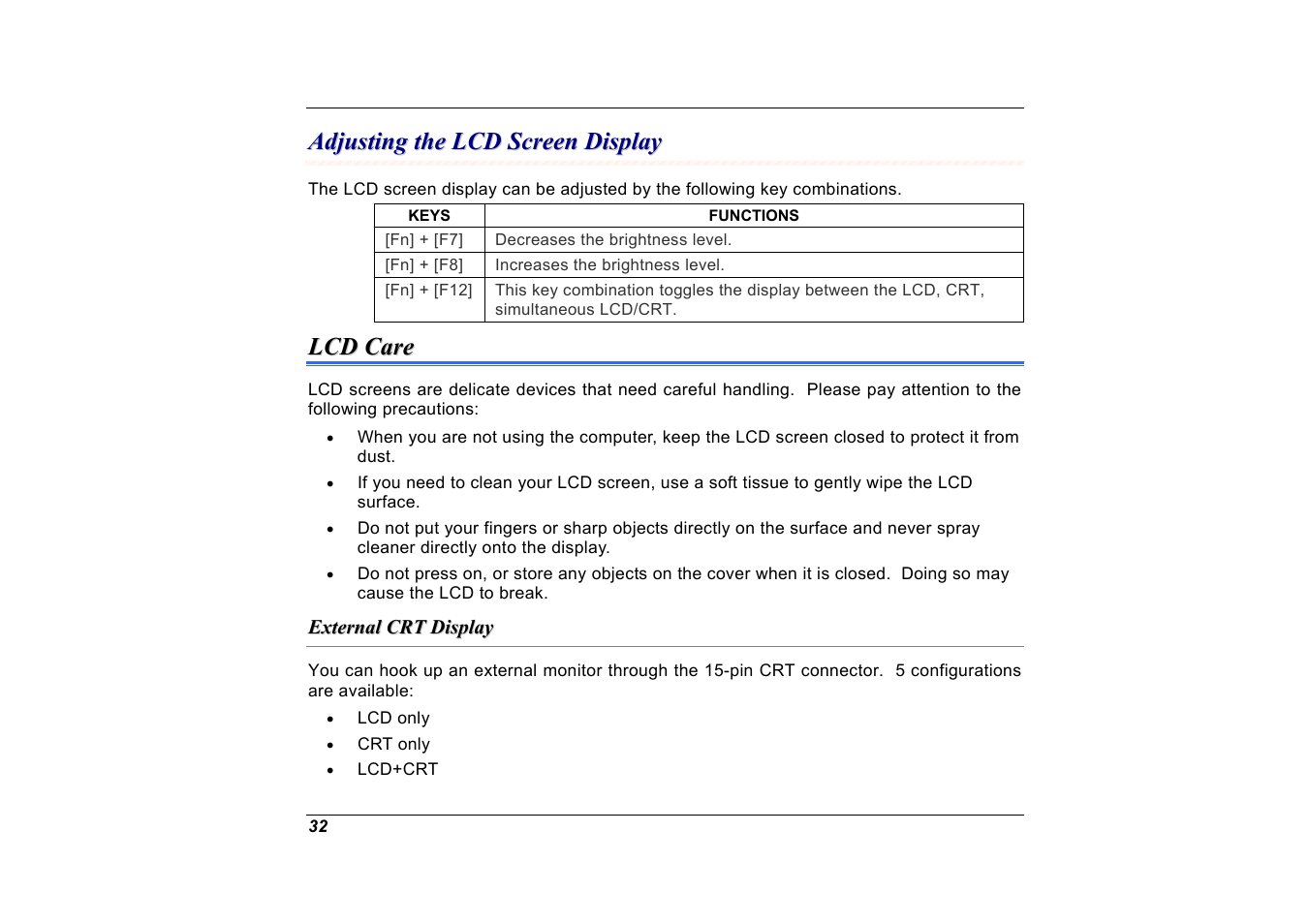 Adjusting the lcd screen display, Lcd care, External crt display | Elitegroup A535 User Manual | Page 34 / 117