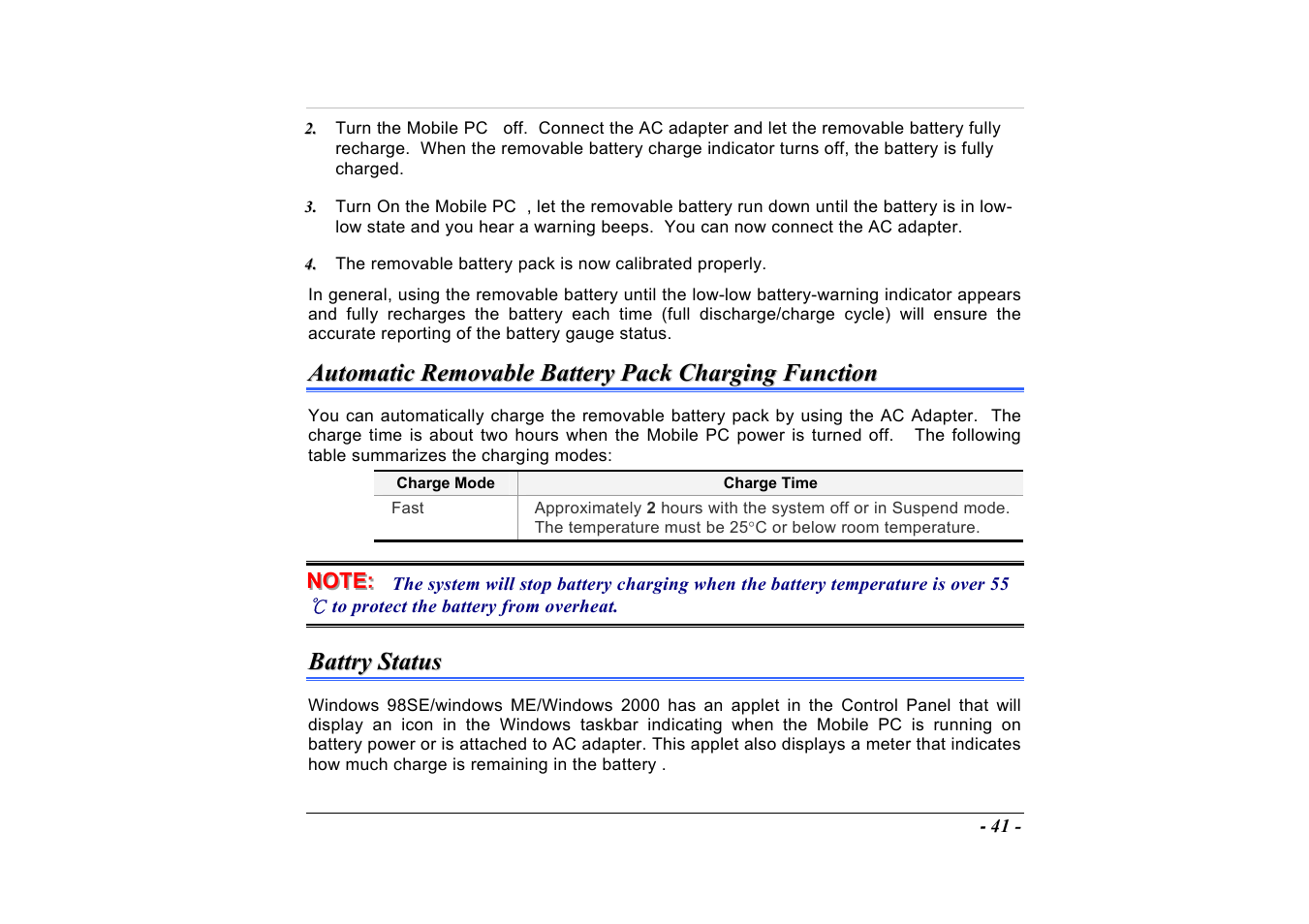 Automatic removable battery pack charging function, Battry status | Elitegroup A535 User Manual | Page 43 / 117