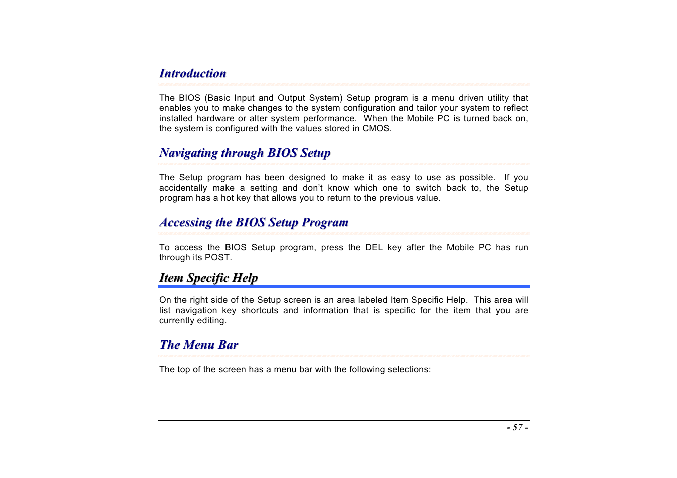 Introduction, Navigating through bios setup, Accessing the bios setup program | Item specific help, The menu bar | Elitegroup A535 User Manual | Page 59 / 117