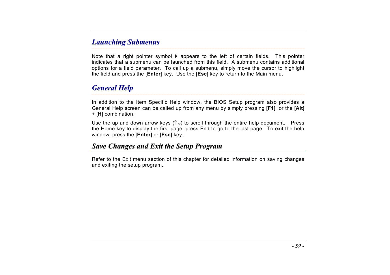 Launching submenus, General help, Save changes and exit the setup program | Elitegroup A535 User Manual | Page 61 / 117
