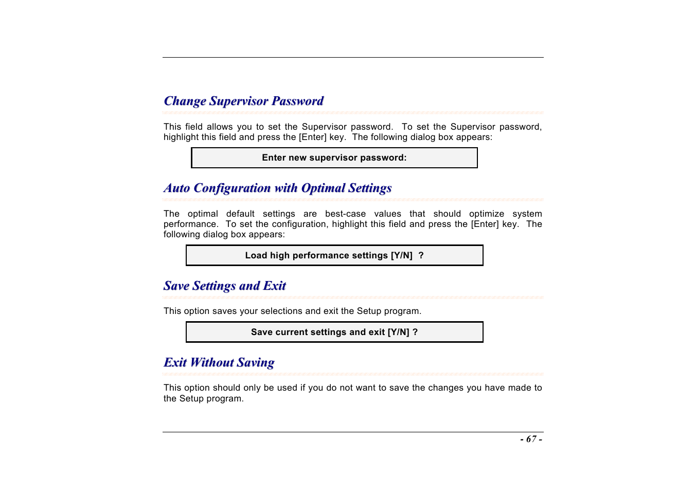 Change supervisor password, Auto configuration with optimal settings, Save settings and exit | Exit without saving | Elitegroup A535 User Manual | Page 69 / 117