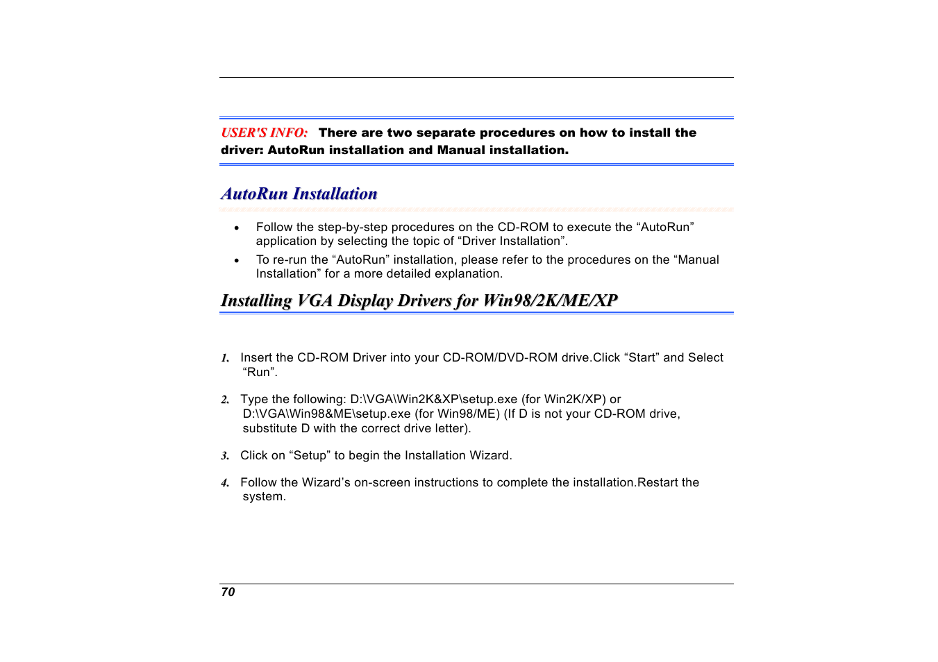 Autorun installation, Installing vga display drivers for win98/2k/me/xp | Elitegroup A535 User Manual | Page 72 / 117