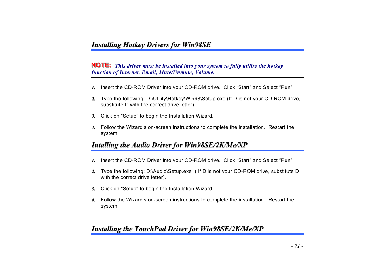 Installing hotkey drivers for win98se, Intalling the audio driver for win98se/2k/me/xp | Elitegroup A535 User Manual | Page 73 / 117