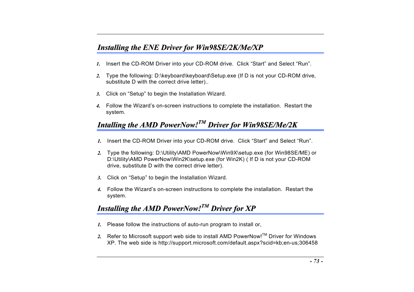Installing the ene driver for win98se/2k/me/xp, Installing the amd powernow!tm driver for xp | Elitegroup A535 User Manual | Page 75 / 117