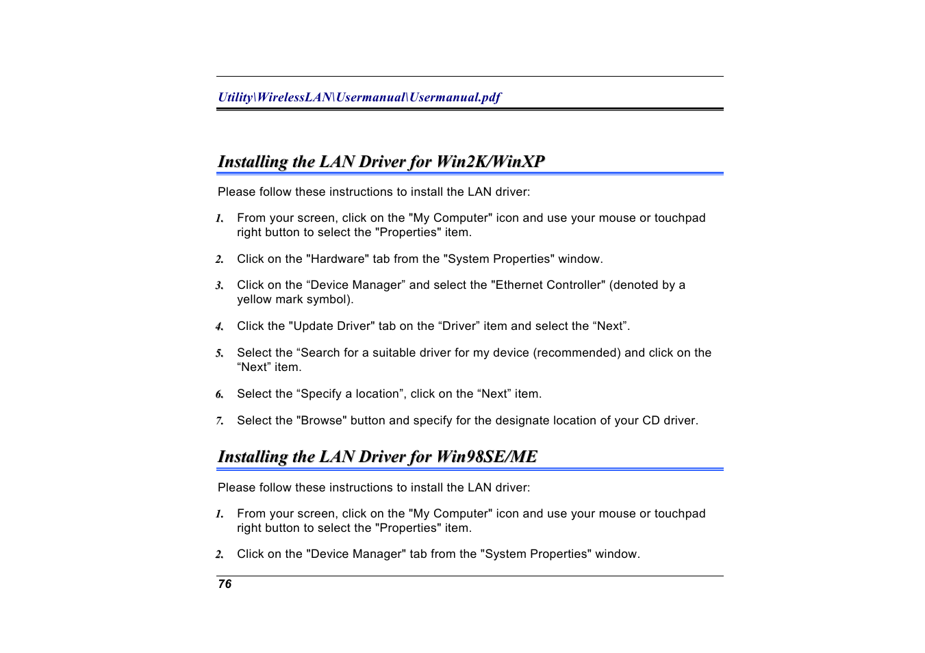 Installing the lan driver for win2k/winxp, Installing the lan driver for win98se/me | Elitegroup A535 User Manual | Page 78 / 117