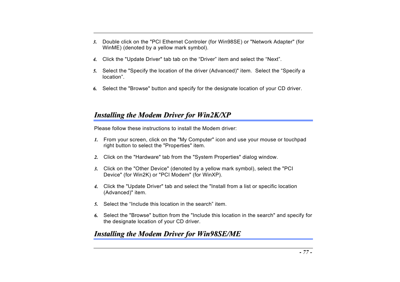 Installing the modem driver for win2k/xp, Installing the modem driver for win98se/me | Elitegroup A535 User Manual | Page 79 / 117