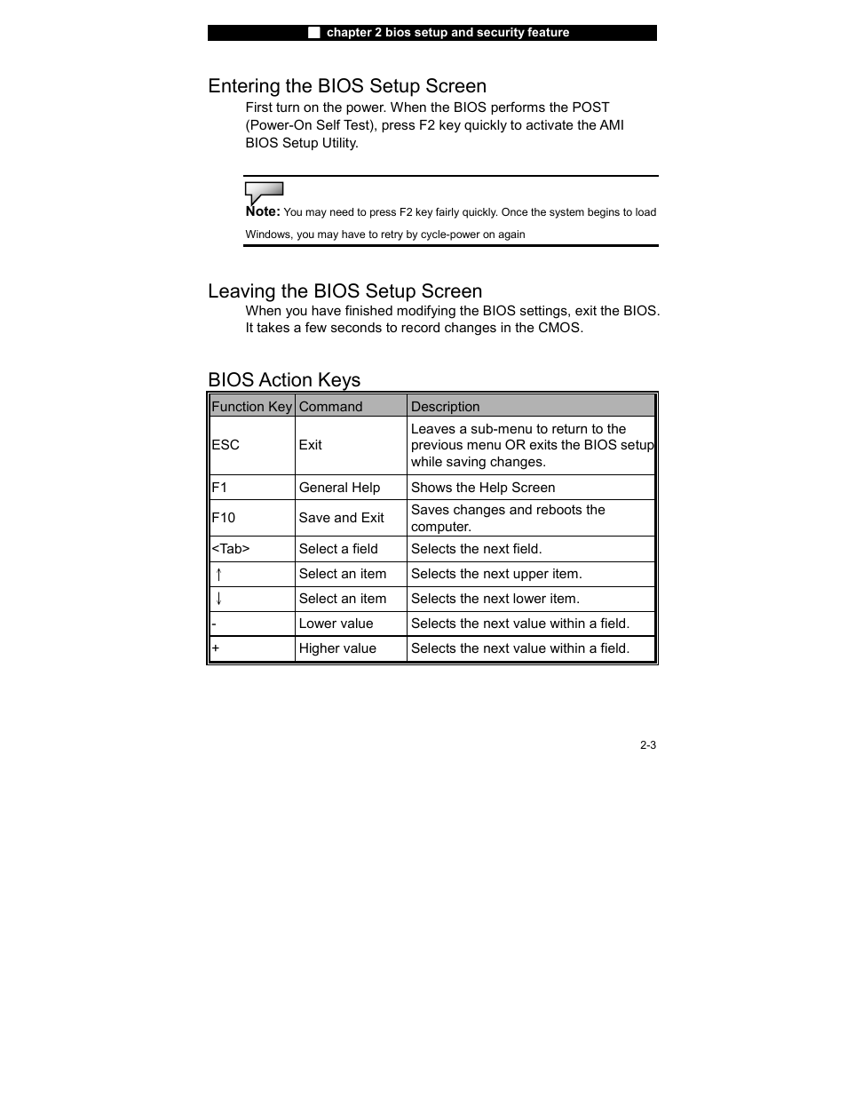 Entering the bios setup screen, Leaving the bios setup screen, Bios action keys | Elitegroup 755IN v.2 User Manual | Page 3 / 10