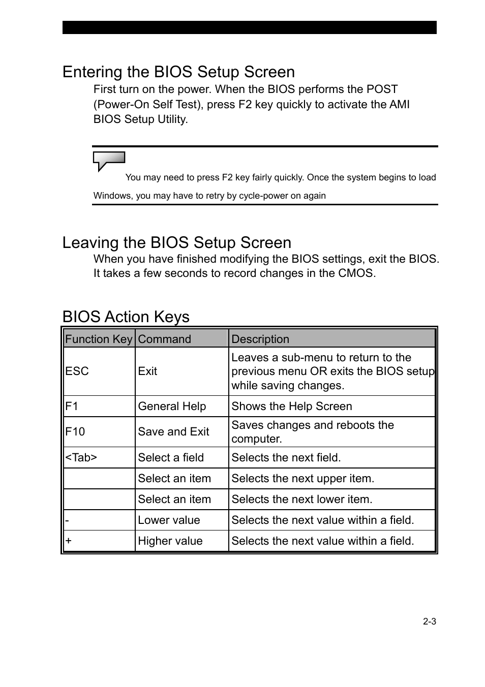 Entering the bios setup screen, Leaving the bios setup screen, Bios action keys | Elitegroup 755II1 v.2 User Manual | Page 3 / 10